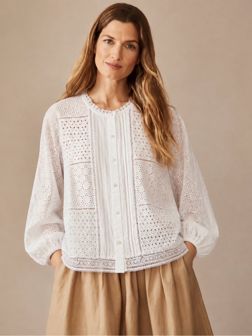 J.McLaughlin White Eyelet Lace Cotton Blouse L Pintuck Button Front Boho Cottage